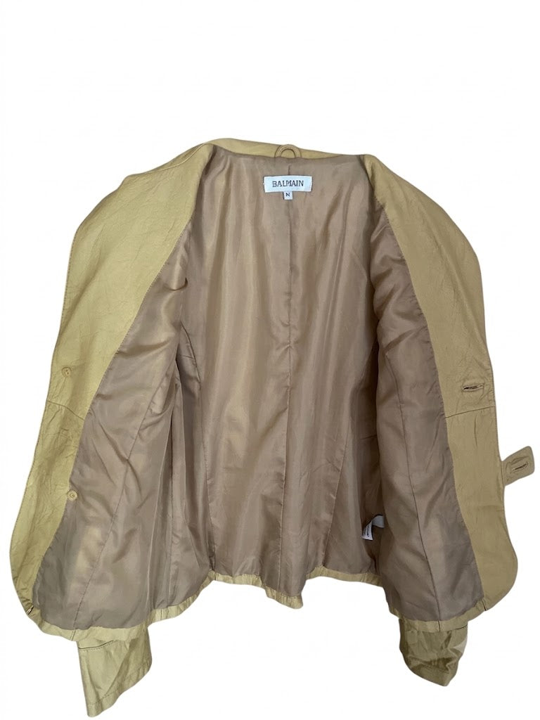 Vintage Balmain Leather Jacket M | Beige Cowhide Leather Blazer Women | Balmain Paris Vintage Jacket