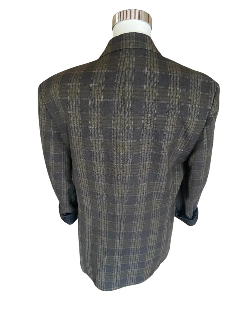 Vintage Balenciaga Wool Blazer - Grey & Green Plaid - 100% Wool