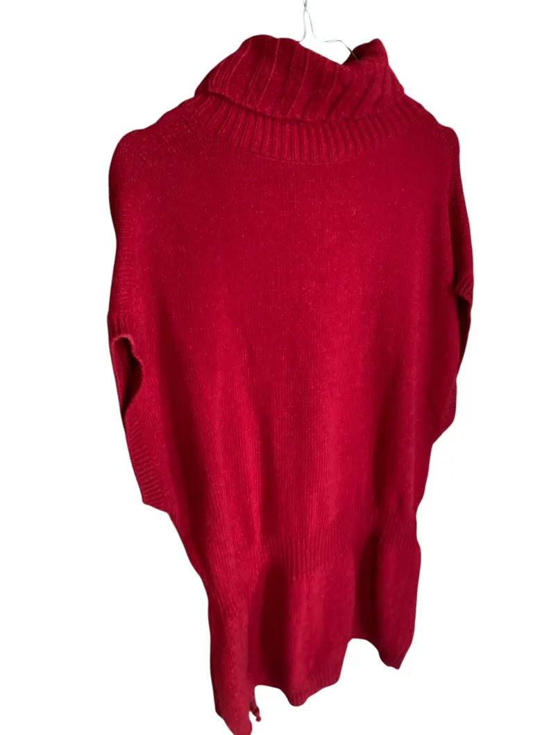 Vintage Moschino Oversized Wool Vest with Braided Belt, Cherry Red Turtleneck Sleeveless Sweater, Italian Designer Knitwear Size M