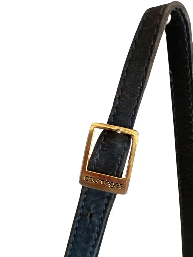Vintage Courrèges Black Leather Crossbody Bag, 80s Minimalist Leather Shoulder Bag, French Designer Archive Bag, Luxury Vintage Purse