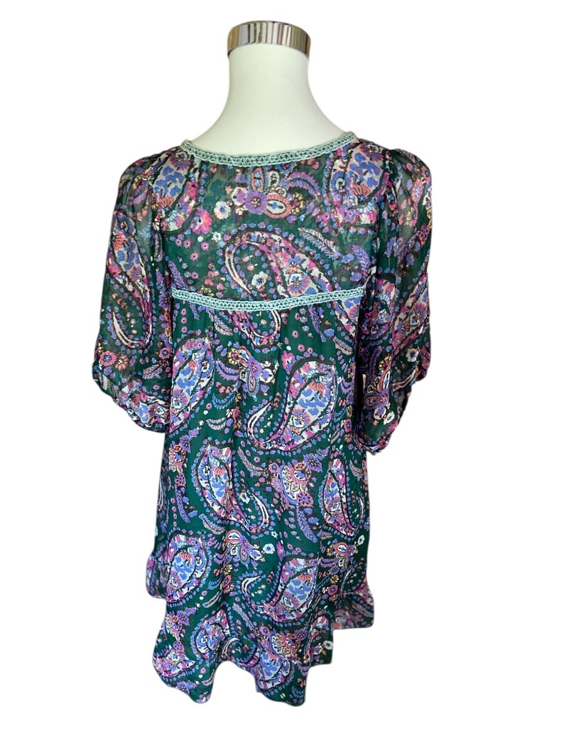 Vintage Hermès Paris Silk Chiffon Dress - Authentic Luxury Paisley Tunica, Green & Purple Bohemian Kaftan, Sheer Silk Beach Coverup, Size M