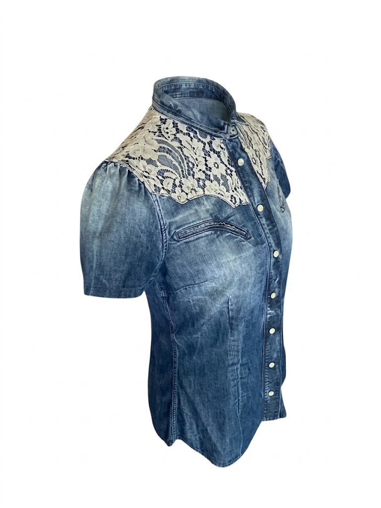 Dolce Gabbana Vintage Denim Shirt Y2K, Lace Embroidered Jean Blouse, Archival D&G Noughties Western Top, Made in Italy Size S