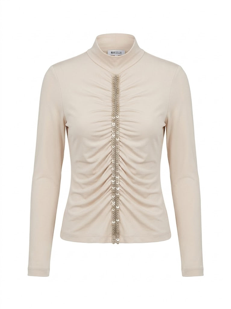 Marella Sequin Turtleneck Top, Italian Designer Ruched Blouse Size S, Slim Fit Sparkly Party Jersey, Chic Y2K Mock Neck Elegant Shirt
