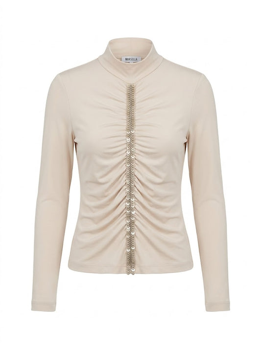 Marella Sequin Turtleneck Top, Italian Designer Ruched Blouse Size S, Slim Fit Sparkly Party Jersey, Chic Y2K Mock Neck Elegant Shirt