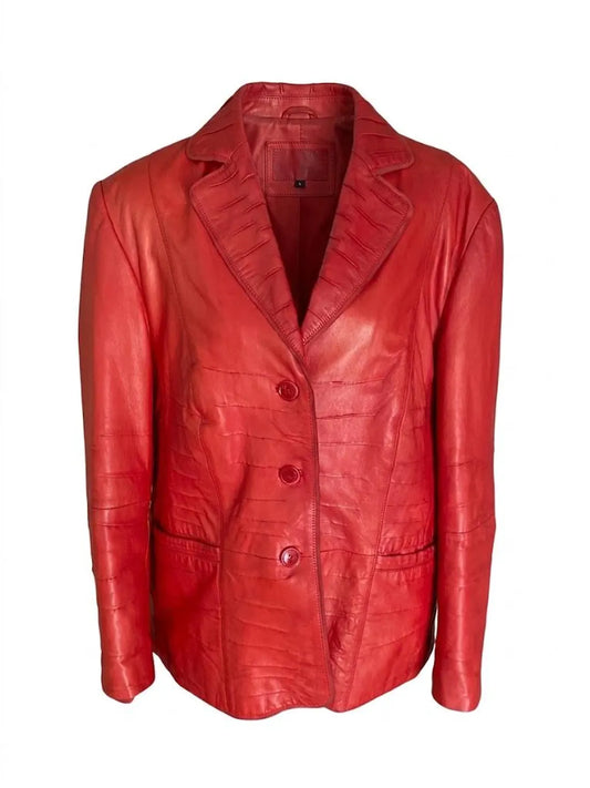 Red Leather Jacket Women Made in Italy Size M - Vintage Leather Blazer Autumn Trend, Structured Tailored Jacket Luxury Style
