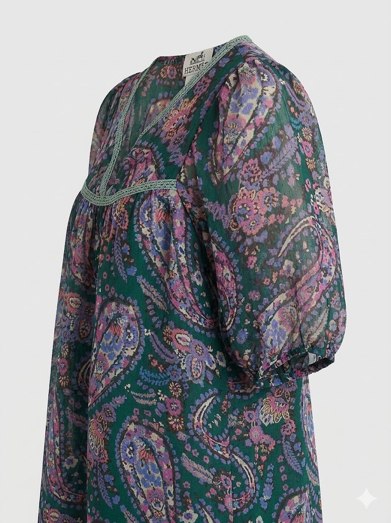 Vintage Hermès Paris Silk Chiffon Dress - Authentic Luxury Paisley Tunica, Green & Purple Bohemian Kaftan, Sheer Silk Beach Coverup, Size M