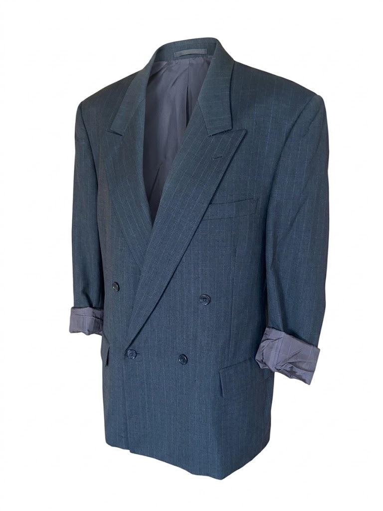 Yves Saint Laurent Vintage 2000s Oversized Blazer | French Luxury Wool Double Breasted Jacket | Navy Plaid Unisex Suit Jacket | Size L XL