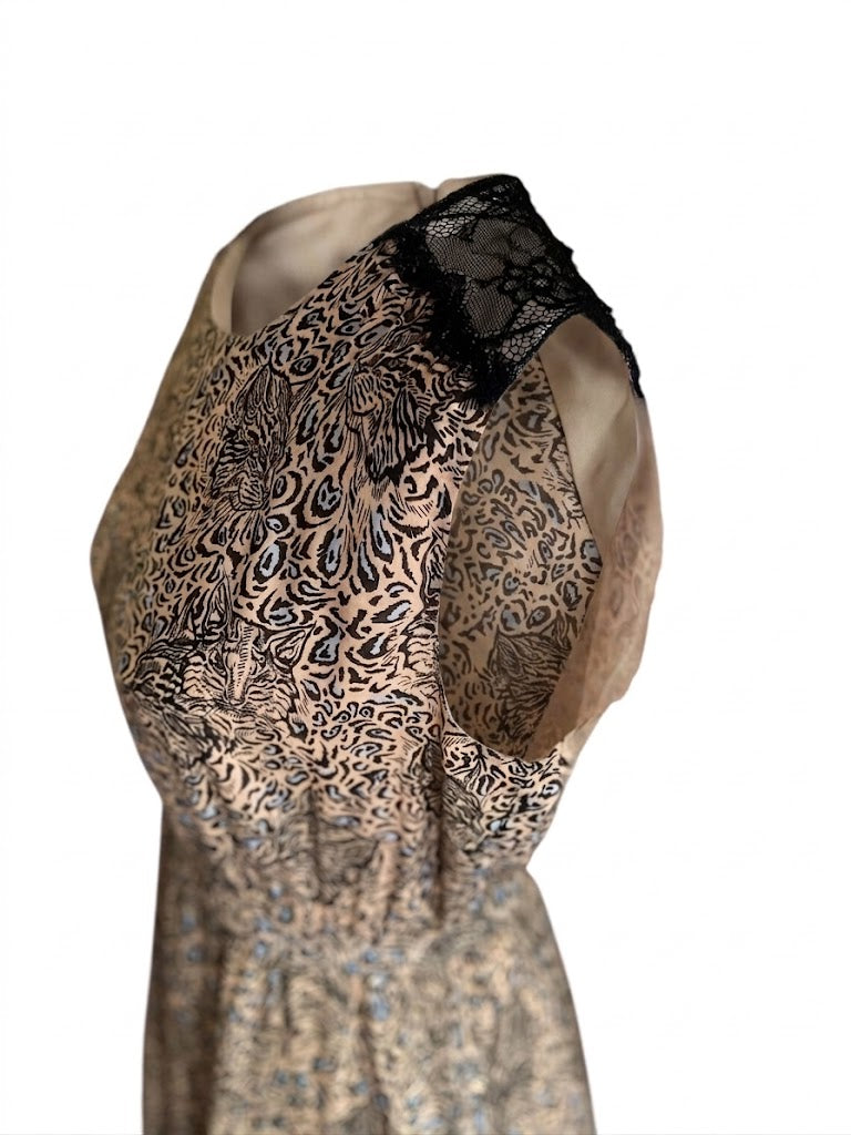 Just Cavalli Designer Dress, Vintage Animal Print Dress Size M, Italian Silk Dress with Black Lace Trim, Beige & Pink Cocktail Party Dress