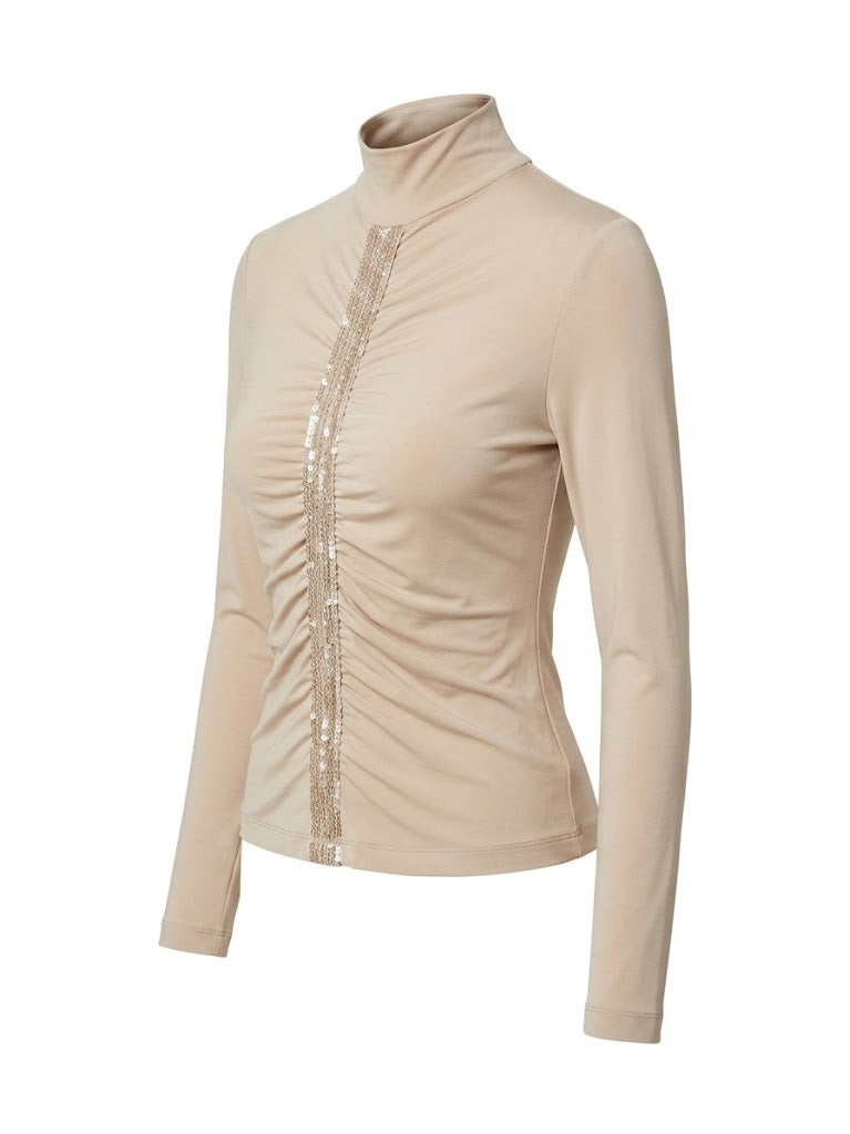 Marella Sequin Turtleneck Top, Italian Designer Ruched Blouse Size S, Slim Fit Sparkly Party Jersey, Chic Y2K Mock Neck Elegant Shirt