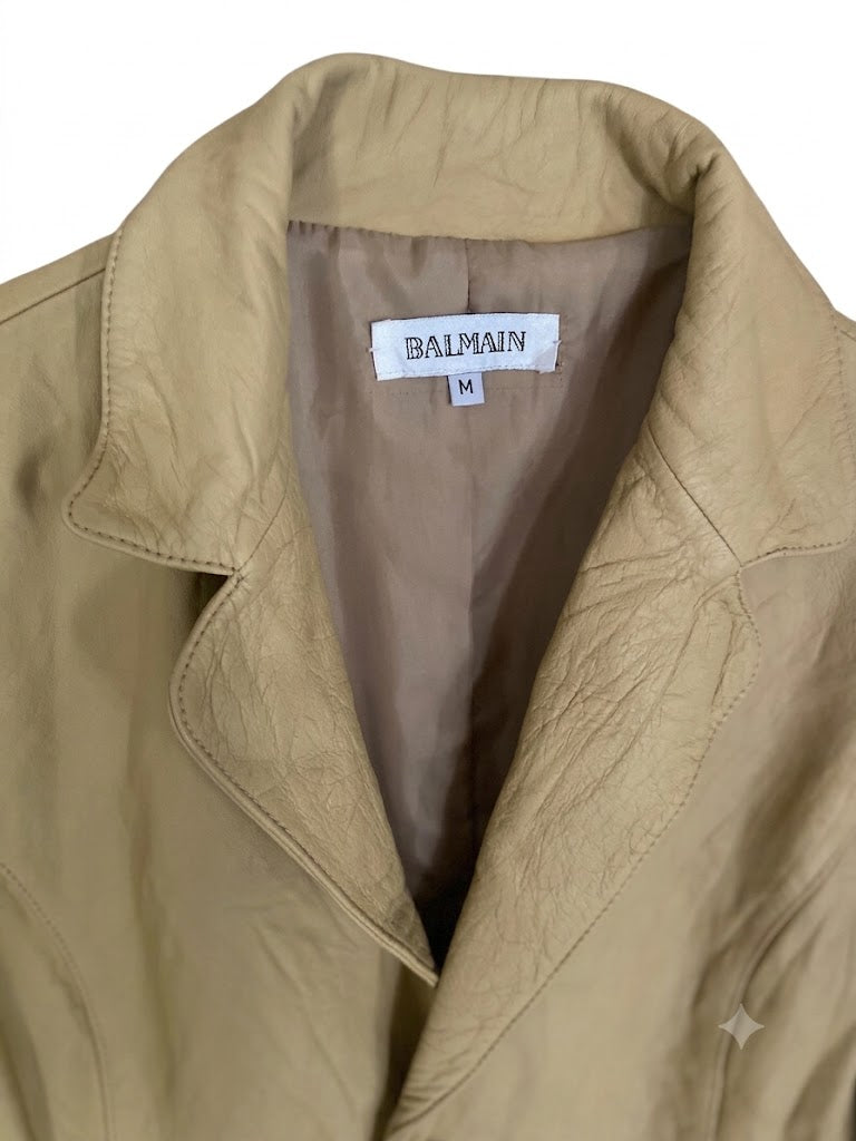 Vintage Balmain Leather Jacket M | Beige Cowhide Leather Blazer Women | Balmain Paris Vintage Jacket