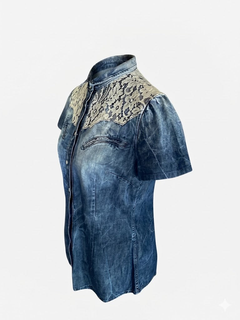 Dolce Gabbana Vintage Denim Shirt Y2K, Lace Embroidered Jean Blouse, Archival D&G Noughties Western Top, Made in Italy Size S