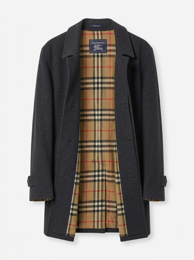 Vintage Burberry Wool Coat Men L | Classic House Check Lined Dark Grey Car Coat | Minimalist Overcoat