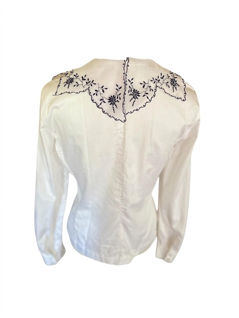 Max Mara Archive White Blouse, Vintage Italian Designer Shirt, Sheer Embroidered Collar Fitted Top, Rare Collectible Fashion Size S M