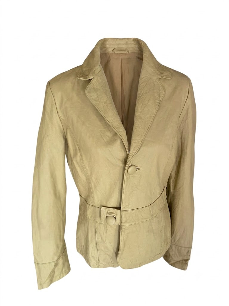 Vintage Balmain Leather Jacket M | Beige Cowhide Leather Blazer Women | Balmain Paris Vintage Jacket