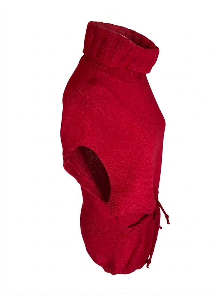 Vintage Moschino Oversized Wool Vest with Braided Belt, Cherry Red Turtleneck Sleeveless Sweater, Italian Designer Knitwear Size M