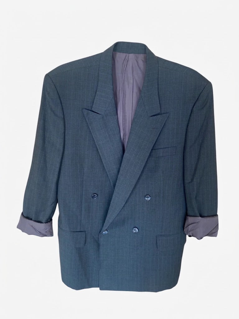 Yves Saint Laurent Vintage 2000s Oversized Blazer | French Luxury Wool Double Breasted Jacket | Navy Plaid Unisex Suit Jacket | Size L XL