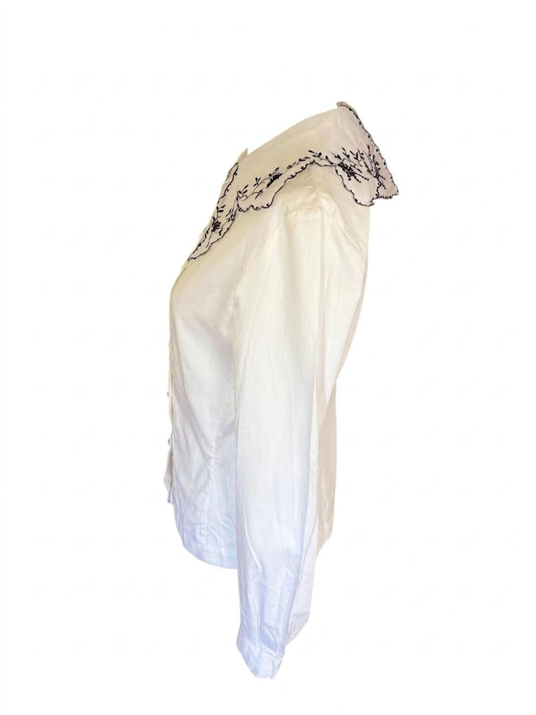 Max Mara Archive White Blouse, Vintage Italian Designer Shirt, Sheer Embroidered Collar Fitted Top, Rare Collectible Fashion Size S M