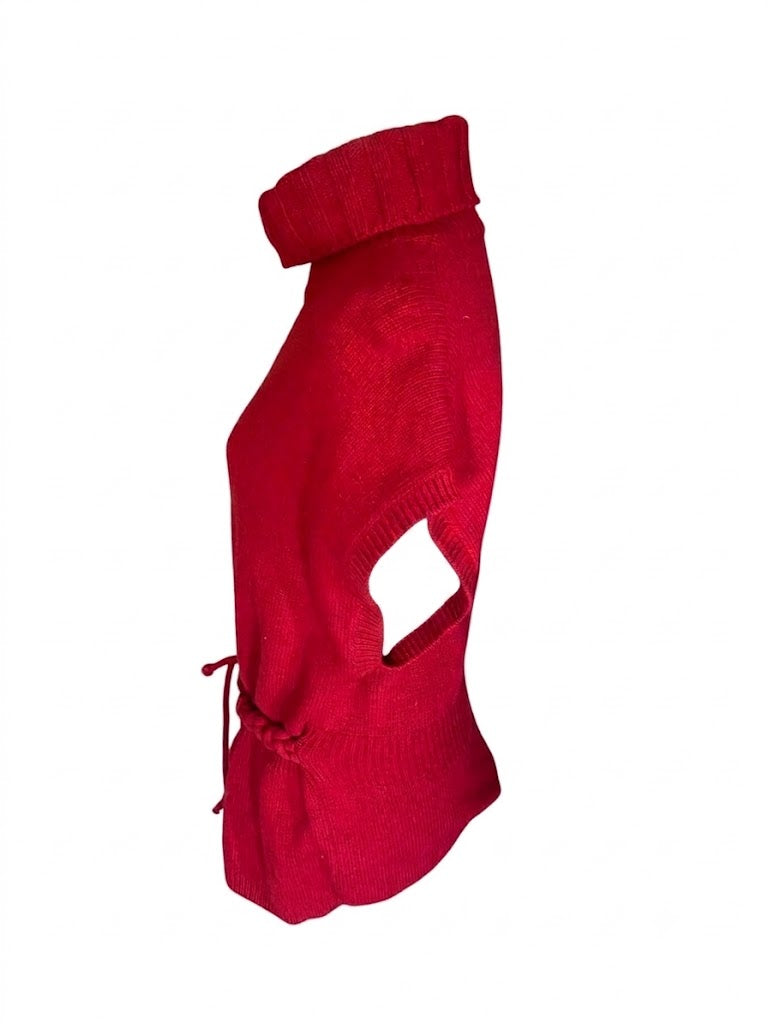 Vintage Moschino Oversized Wool Vest with Braided Belt, Cherry Red Turtleneck Sleeveless Sweater, Italian Designer Knitwear Size M