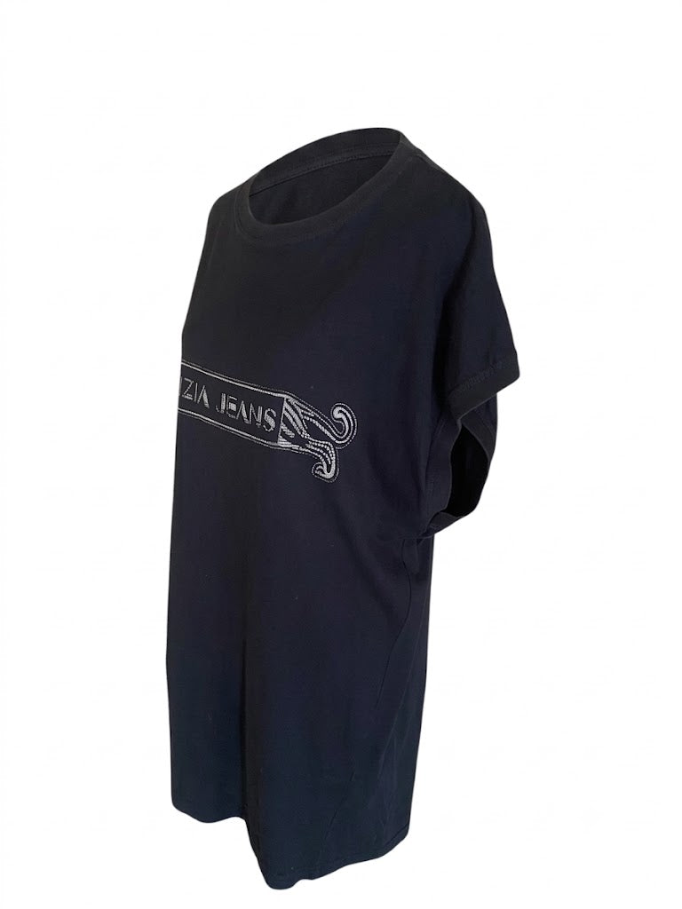 Vintage 90s Krizia Jeans T-Shirt Dress | Black Oversized Italian Designer Tee, Size M, Retro Luxury Cotton Shift Dress, Unisex Streetwear