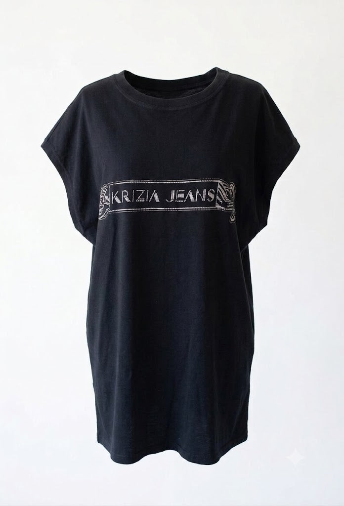 Vintage 90s Krizia Jeans T-Shirt Dress | Black Oversized Italian Designer Tee, Size M, Retro Luxury Cotton Shift Dress, Unisex Streetwear