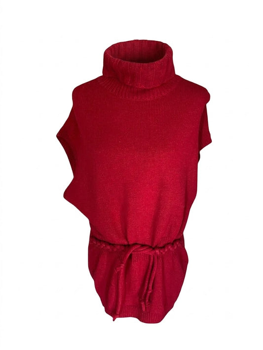Vintage Moschino Oversized Wool Vest with Braided Belt, Cherry Red Turtleneck Sleeveless Sweater, Italian Designer Knitwear Size M