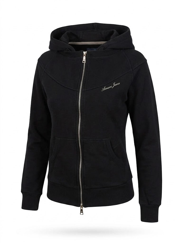 Vintage Armani Jeans Black Y2K Hoodie, Collector Item Zip-Up Sweatshirt with Rayon Lined Hood, Women's Slim Fit Jacket
