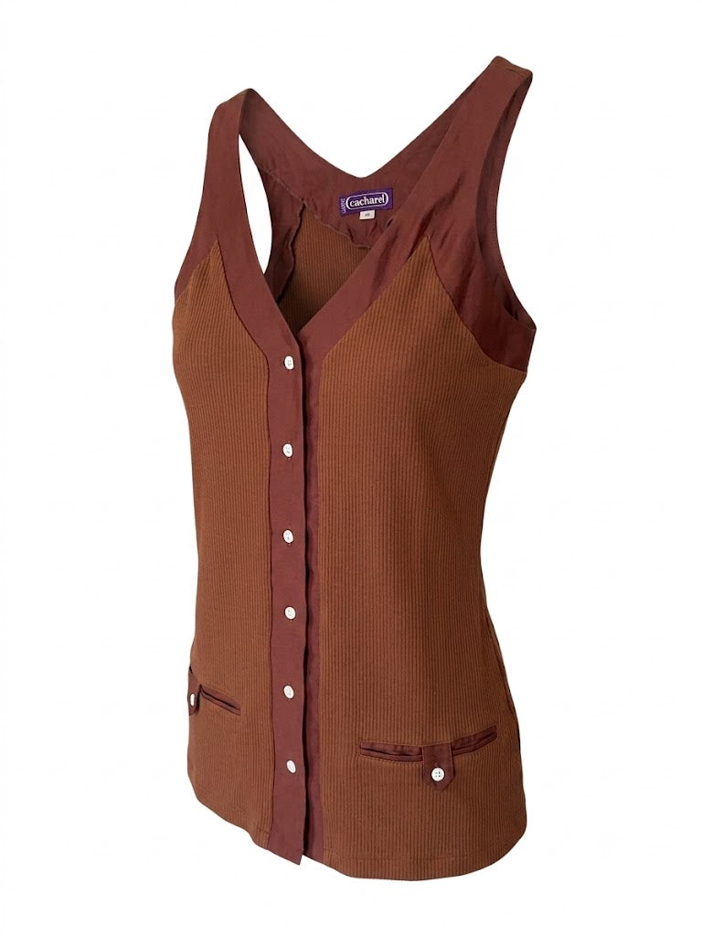 Cacharel Vintage Brown Tank Top Size S, Ribbed Sleeveless Shirt French Designer, 90s Y2K Aesthetic Fitted Top, Excellent Condition