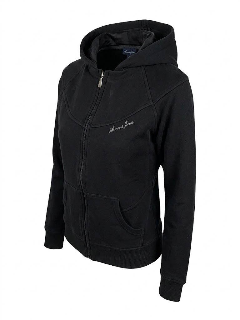 Vintage Armani Jeans Black Y2K Hoodie, Collector Item Zip-Up Sweatshirt with Rayon Lined Hood, Women's Slim Fit Jacket