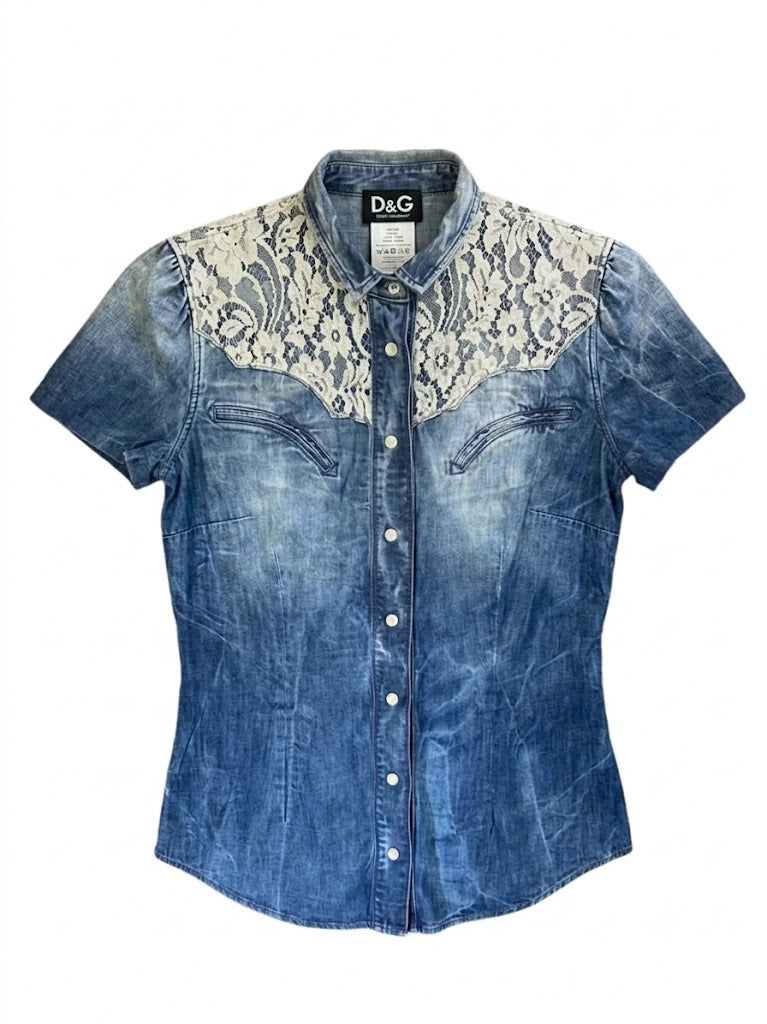 Dolce Gabbana Vintage Denim Shirt Y2K, Lace Embroidered Jean Blouse, Archival D&G Noughties Western Top, Made in Italy Size S