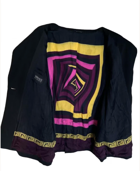 Vintage Versace Classic V2 Blazer - Tailored Black Jacket with Psychedelic Silk Lining & Greek Key - Gold Filigree Buttons -