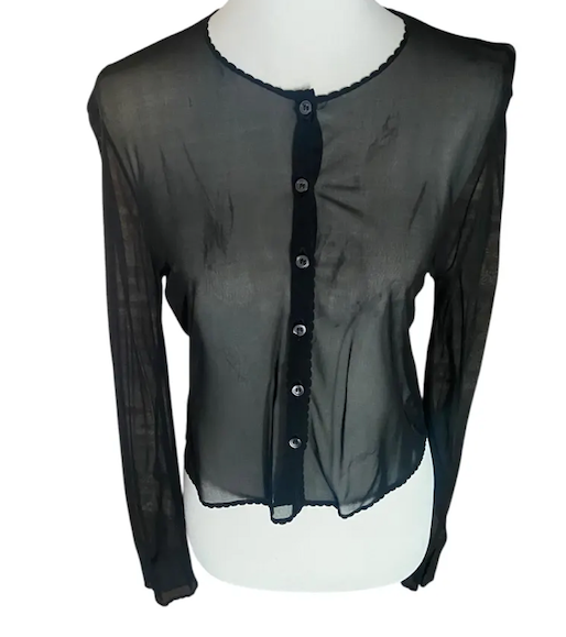Vintage Moschino Cheap and Chic black sheer mesh cardigan from the 1990s / early 2000s era