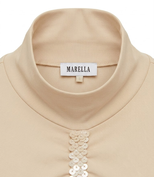 Marella Sequin Turtleneck Top, Italian Designer Ruched Blouse Size S, Slim Fit Sparkly Party Jersey, Chic Y2K Mock Neck Elegant Shirt