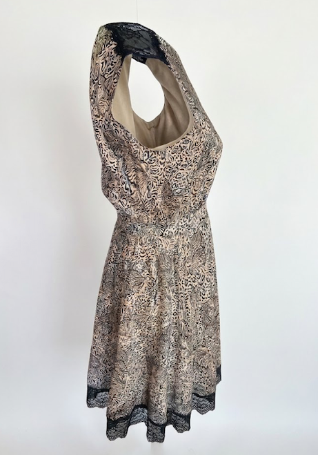 Just Cavalli Designer Dress, Vintage Animal Print Dress Size M, Italian Silk Dress with Black Lace Trim, Beige & Pink Cocktail Party Dress