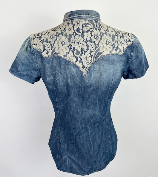 Dolce Gabbana Vintage Denim Shirt Y2K, Lace Embroidered Jean Blouse, Archival D&G Noughties Western Top, Made in Italy Size S