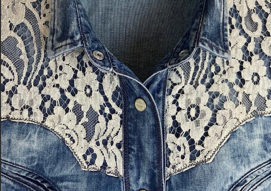 Dolce Gabbana Vintage Denim Shirt Y2K, Lace Embroidered Jean Blouse, Archival D&G Noughties Western Top, Made in Italy Size S