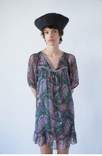 Vintage Hermès Paris Silk Chiffon Dress - Authentic Luxury Paisley Tunica, Green & Purple Bohemian Kaftan, Sheer Silk Beach Coverup, Size M