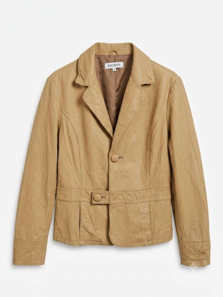 Vintage Balmain Leather Jacket M | Beige Cowhide Leather Blazer Women | Balmain Paris Vintage Jacket