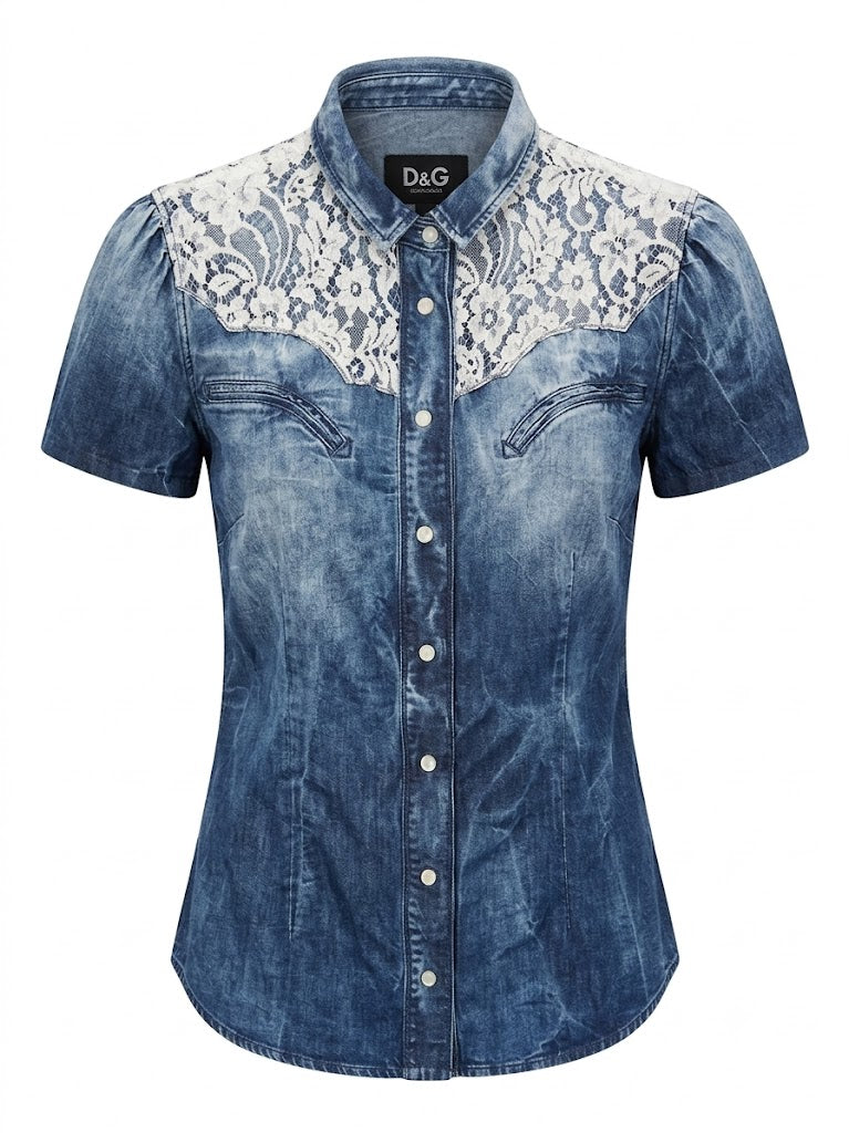 Dolce Gabbana Vintage Denim Shirt Y2K, Lace Embroidered Jean Blouse, Archival D&G Noughties Western Top, Made in Italy Size S