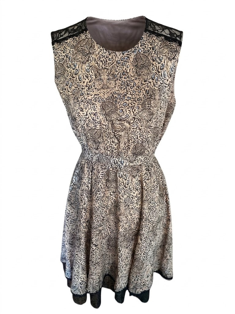 Just Cavalli Designer Dress, Vintage Animal Print Dress Size M, Italian Silk Dress with Black Lace Trim, Beige & Pink Cocktail Party Dress