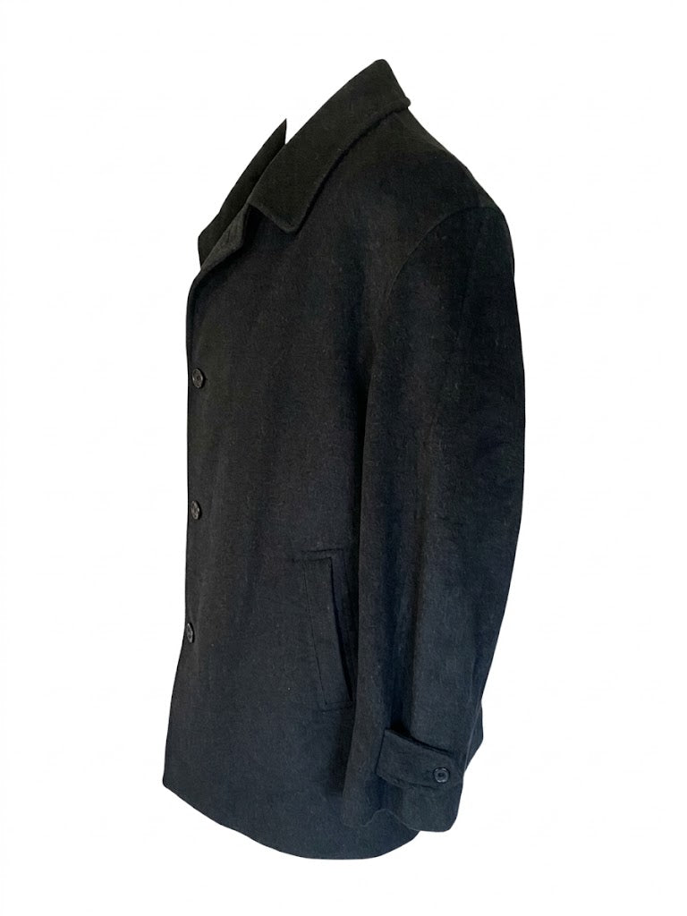 Vintage Burberry Wool Coat Men L | Classic House Check Lined Dark Grey Car Coat | Minimalist Overcoat