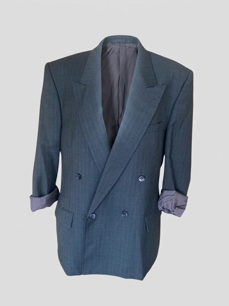Yves Saint Laurent Vintage 2000s Oversized Blazer | French Luxury Wool Double Breasted Jacket | Navy Plaid Unisex Suit Jacket | Size L XL
