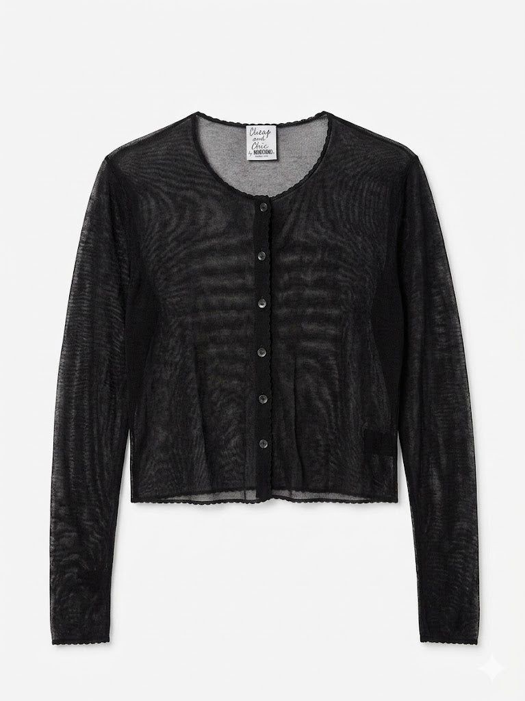 Vintage Moschino Cheap and Chic black sheer mesh cardigan from the 1990s / early 2000s era
