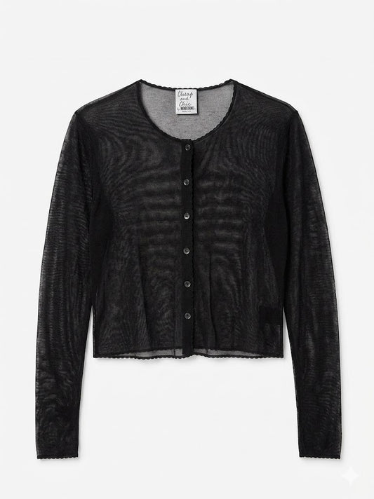 Vintage Moschino Cheap and Chic black sheer mesh cardigan from the 1990s / early 2000s era