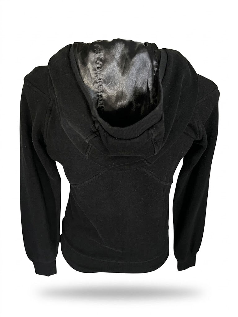 Vintage Armani Jeans Black Y2K Hoodie, Collector Item Zip-Up Sweatshirt with Rayon Lined Hood, Women's Slim Fit Jacket