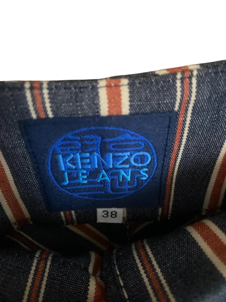Vintage Kenzo Jeans Midi Skirt 2000s - Preppy Striped Cotton Skirt with Side Buckle - Size S/M - Y2K Designer Casual Blue Skirt
