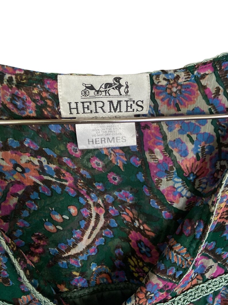 Vintage Hermès Paris Silk Chiffon Dress - Authentic Luxury Paisley Tunica, Green & Purple Bohemian Kaftan, Sheer Silk Beach Coverup, Size M