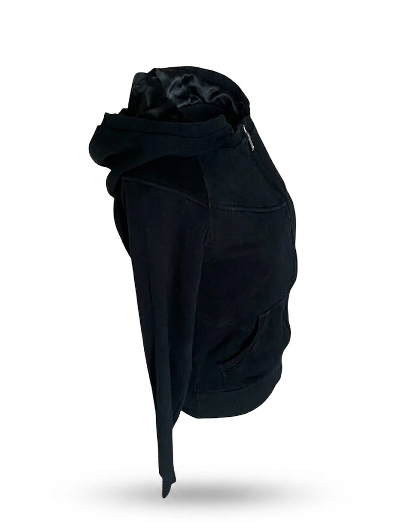 Vintage Armani Jeans Black Y2K Hoodie, Collector Item Zip-Up Sweatshirt with Rayon Lined Hood, Women's Slim Fit Jacket
