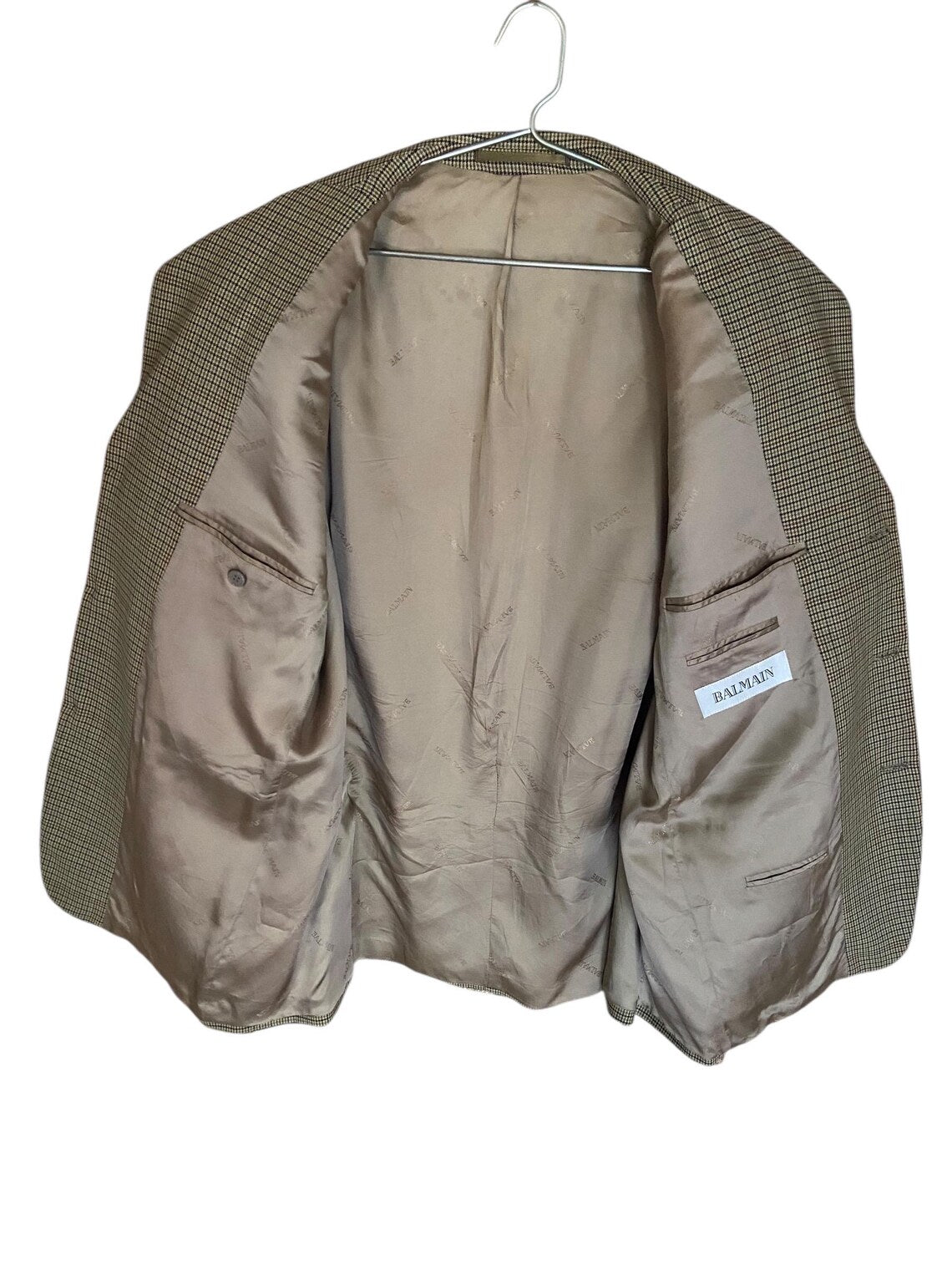 Balmain Oversized Maxi Blazer Unisex Vintage | Long Beige Plaid Blazer | Size L