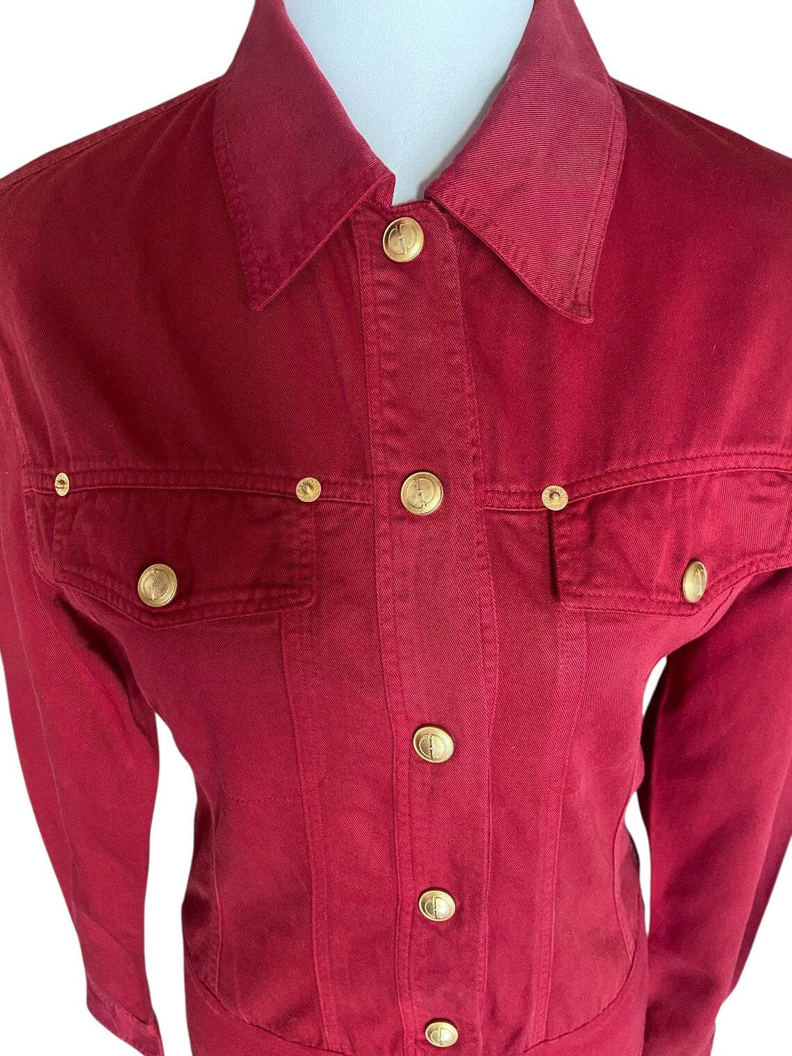 Vintage 90s Gucci Cherry Red Bodysuit - Military Style Shirt with Gold Logo Buttons