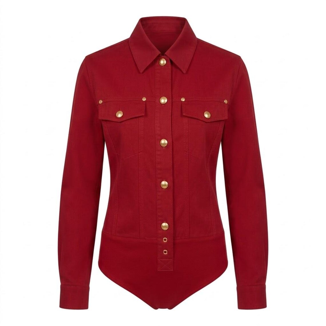 Vintage 90s Gucci Cherry Red Bodysuit - Military Style Shirt with Gold Logo Buttons